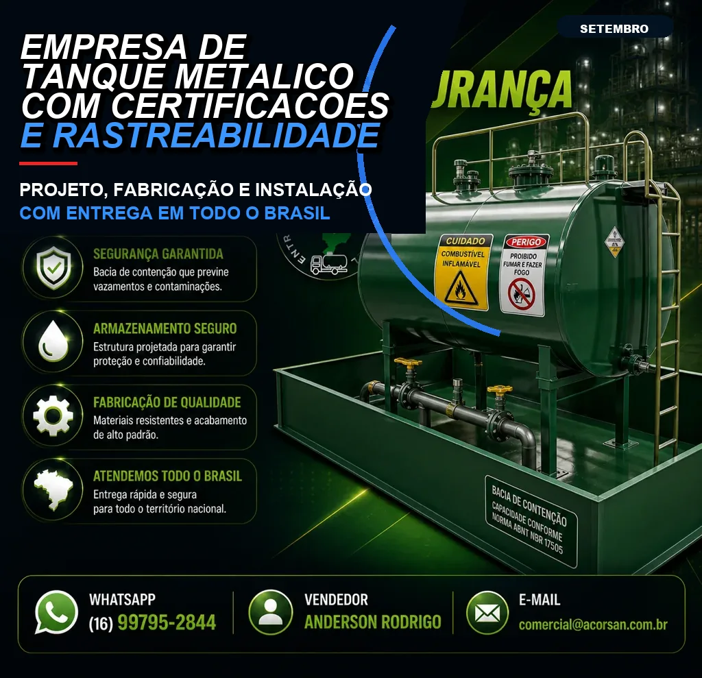 Empresa de tanque metálico com certificações e rastreabilidade