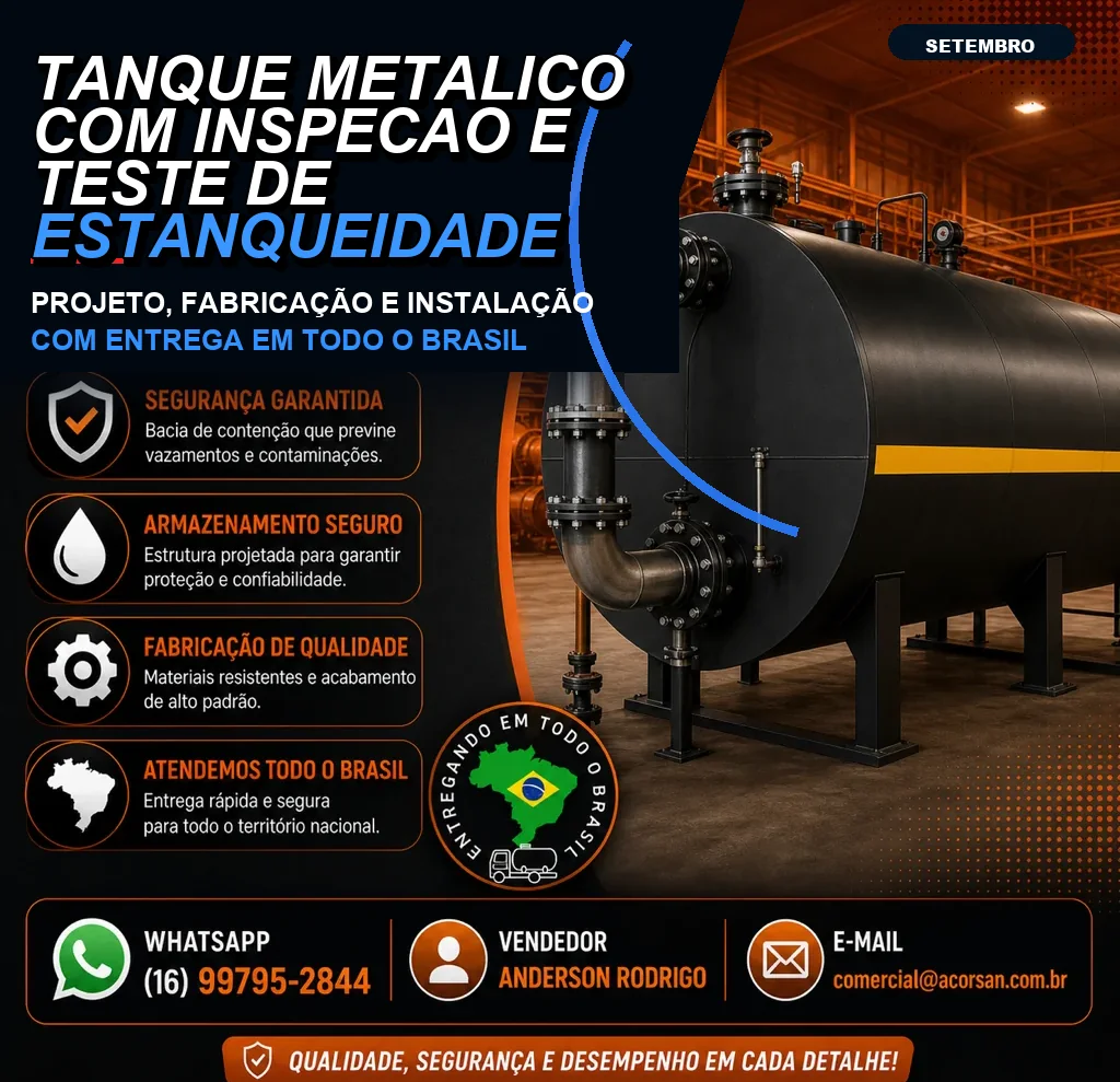 Tanque metálico com inspeção e teste de estanqueidade
